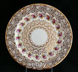 Antique Set 12 Cauldon England China Dinner Plates Gold Encrusted Pink Roses