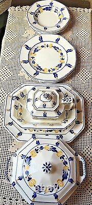 Antique jones, george & sons crescent ivory england 12 pc china set blue & gold