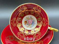 Aynsley 1543 Maroon Artist Signed Tea Cup Saucer Set Bone China England