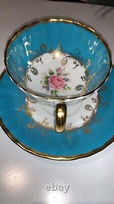 Aynsley Bone China England Blue Band Gold Decor Pink Floral Rose Set Cup Saucer
