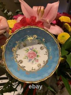 Aynsley Bone China England Blue Band Gold Decor Pink Floral Rose Set Cup Saucer