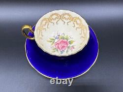 Aynsley C1062 Cobalt Blue Pink Cabbage Rose Tea Cup Sauce Set Bone China England