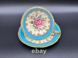 Aynsley C897 Blue Pink Cabbage Rose Tea Cup Saucer Set Bone China England