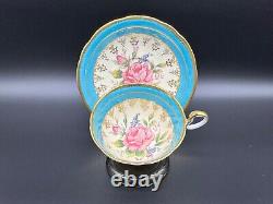 Aynsley C897 Blue Pink Cabbage Rose Tea Cup Saucer Set Bone China England