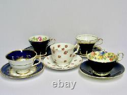 Aynsley China Mixed Lot 5 Cup & Saucer Sets Roses Cobalt Flowers Gold England