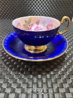 Aynsley Cobalt Blue Gold Gilded 3 Large Cabbage Flowers 1031 Tea Cup & Saucer
