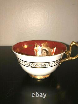 Aynsley England Bone China Tea Cup Set Queen Elizabeth Burgundy Gold Trim D1027