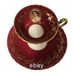 Aynsley England Bone China Tea Cup Set Queen Elizabeth Burgundy Gold Trim D1199