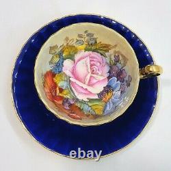Aynsley England Pink Rose Signed By Bailey Cobalt Blue Cup Saucer Set