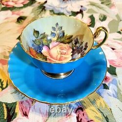 Aynsley Gilded Turqouise Tea Cup & Saucer Cabbage Rose / Poppy #1033 JA Bailey