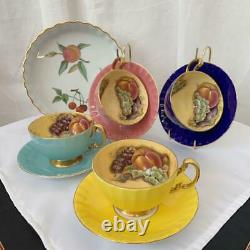 Aynsley Orchard Gold Cup & Saucer Set of 4 Fruit Bone China England Vintage F/S