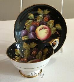 Aynsley Teacup Saucer Set Orchard Black Fruit Gold Rare C1174 Vintage Apple