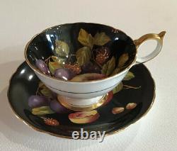 Aynsley Teacup Saucer Set Orchard Black Fruit Gold Rare C1174 Vintage Apple