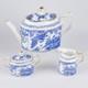 Blue Aves Royal Crown Derby Tea Set with 6 Cup Teapot Sugar and Creamer