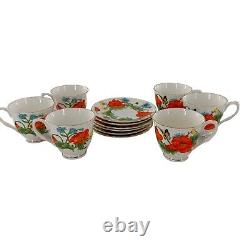 Bristol Fine Bone China England Red Orange Poppies Tea Cups Saucer Set Poppy