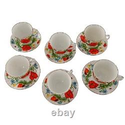 Bristol Fine Bone China England Red Orange Poppies Tea Cups Saucer Set Poppy