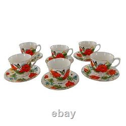 Bristol Fine Bone China England Red Orange Poppies Tea Cups Saucer Set Poppy