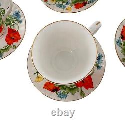 Bristol Fine Bone China England Red Orange Poppies Tea Cups Saucer Set Poppy