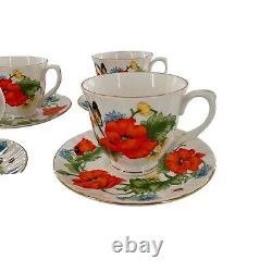 Bristol Fine Bone China England Red Orange Poppies Tea Cups Saucer Set Poppy