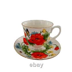 Bristol Fine Bone China England Red Orange Poppies Tea Cups Saucer Set Poppy