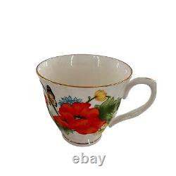 Bristol Fine Bone China England Red Orange Poppies Tea Cups Saucer Set Poppy