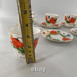 Bristol Fine Bone China England Red Orange Poppies Tea Cups Saucer Set Poppy