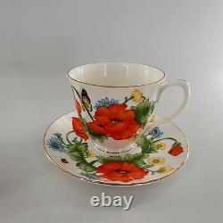 Bristol Fine Bone China England Red Orange Poppies Tea Cups Saucer Set Poppy