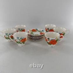 Bristol Fine Bone China England Red Orange Poppies Tea Cups Saucer Set Poppy