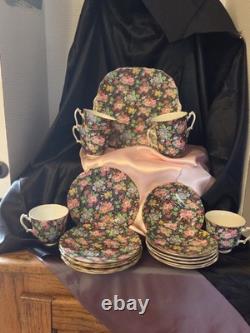 CHINTZ Luncheon Set Beautiful Black Floral By Adderly Of England