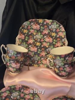 CHINTZ Luncheon Set Beautiful Black Floral By Adderly Of England