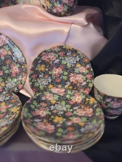 CHINTZ Luncheon Set Beautiful Black Floral By Adderly Of England