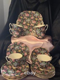 CHINTZ Luncheon Set Beautiful Black Floral By Adderly Of England
