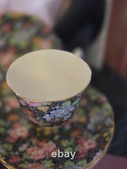 CHINTZ Luncheon Set Beautiful Black Floral By Adderly Of England