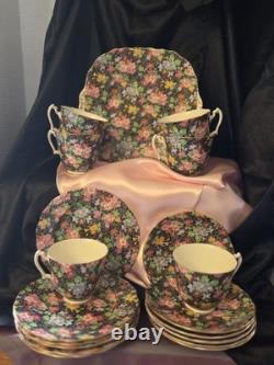 CHINTZ Luncheon Set Beautiful Black Floral By Adderly Of England