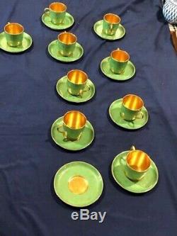 Cauldon china England demitasse cup and saucer set of 9, green with gold gilt