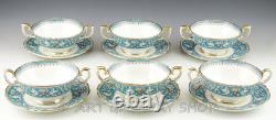 Crown Staffordshire ELLESMERE TURQUOISE CREAM SOUP BOWLS CUPS AND SAUCERS Set 6