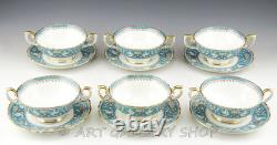 Crown Staffordshire ELLESMERE TURQUOISE CREAM SOUP BOWLS CUPS AND SAUCERS Set 6