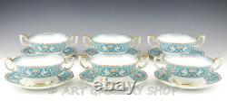 Crown Staffordshire ELLESMERE TURQUOISE CREAM SOUP BOWLS CUPS AND SAUCERS Set 6