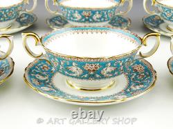 Crown Staffordshire ELLESMERE TURQUOISE CREAM SOUP BOWLS CUPS AND SAUCERS Set 6