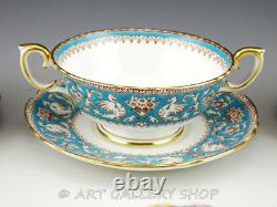 Crown Staffordshire ELLESMERE TURQUOISE CREAM SOUP BOWLS CUPS AND SAUCERS Set 6