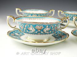 Crown Staffordshire ELLESMERE TURQUOISE CREAM SOUP BOWLS CUPS AND SAUCERS Set 6