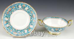 Crown Staffordshire ELLESMERE TURQUOISE CREAM SOUP BOWLS CUPS AND SAUCERS Set 6