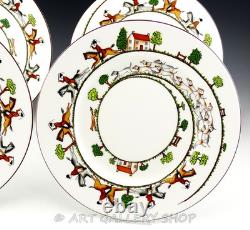 Crown Staffordshire England HUNTING SCENE FOX HORSES 10-3/4 DINNER PLATES Set 4