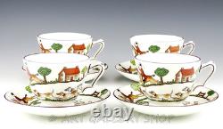 Crown Staffordshire England HUNTING SCENE FOX HORSES CUPS AND SAUCERS Set of 4