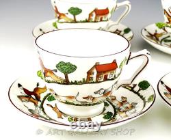 Crown Staffordshire England HUNTING SCENE FOX HORSES CUPS AND SAUCERS Set of 4