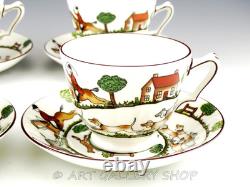 Crown Staffordshire England HUNTING SCENE FOX HORSES CUPS AND SAUCERS Set of 4