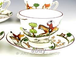 Crown Staffordshire England HUNTING SCENE FOX HORSES CUPS AND SAUCERS Set of 4