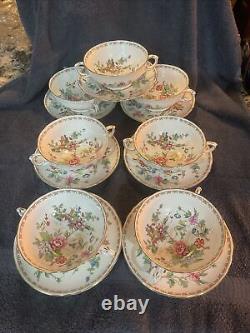 Crown Staffordshire England Pagoda Set 7 Double Handled Soup Bowls And Saucers