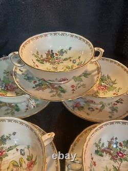 Crown Staffordshire England Pagoda Set 7 Double Handled Soup Bowls And Saucers