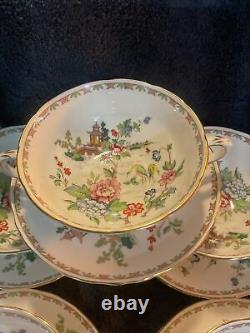 Crown Staffordshire England Pagoda Set 7 Double Handled Soup Bowls And Saucers